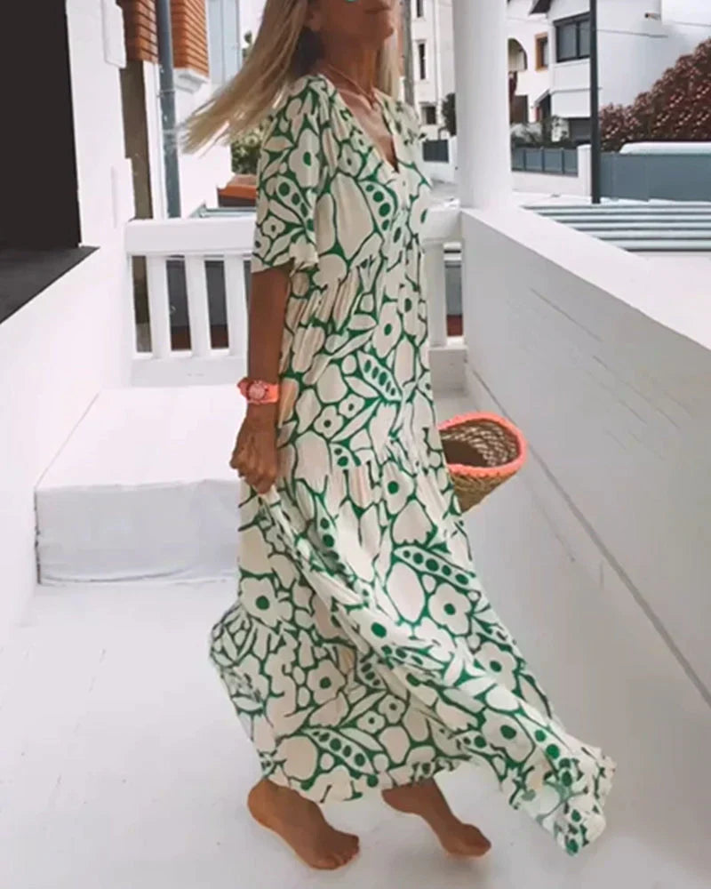 CHRISTINE | Summer Long Dress with Fluid Cut and Elegant Graphic Pattern