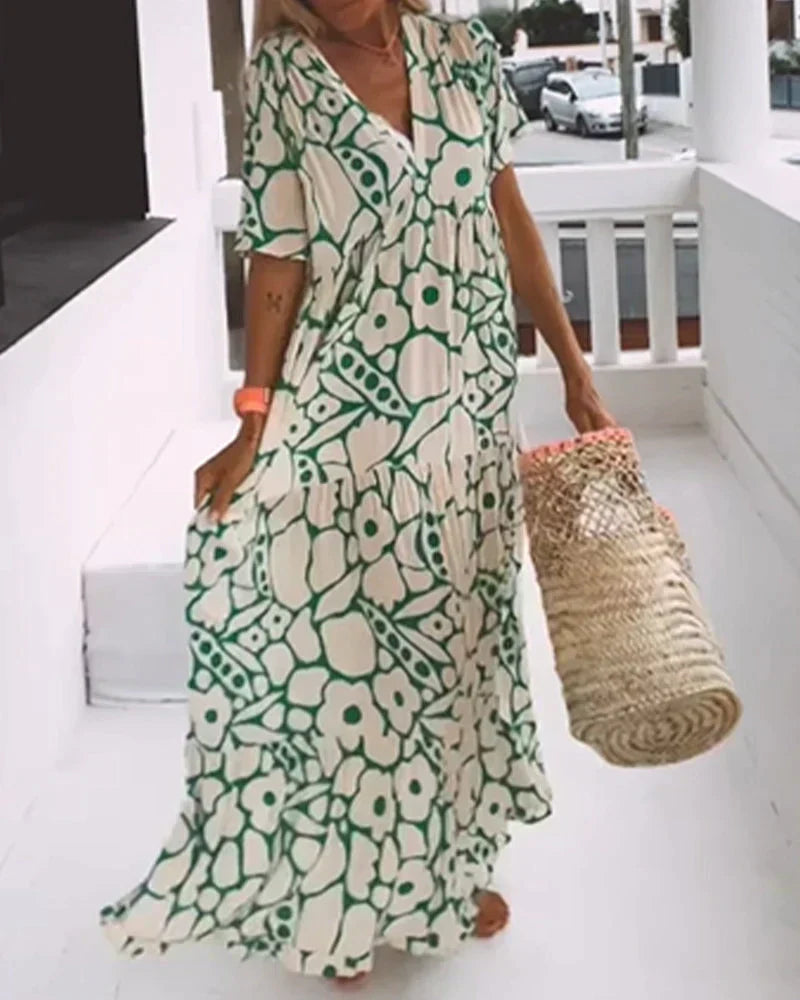CHRISTINE | Summer Long Dress with Fluid Cut and Elegant Graphic Pattern