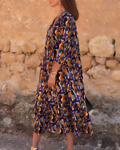 VIOLETTA | Long V-Neck Dress with Retro Pattern and Elegant Comfort for Every Moment